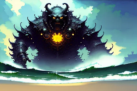 a painting of a huge monster ,rising from the ocean, dark, high detail, creepy, terror , ominous, art by onche_ondulay