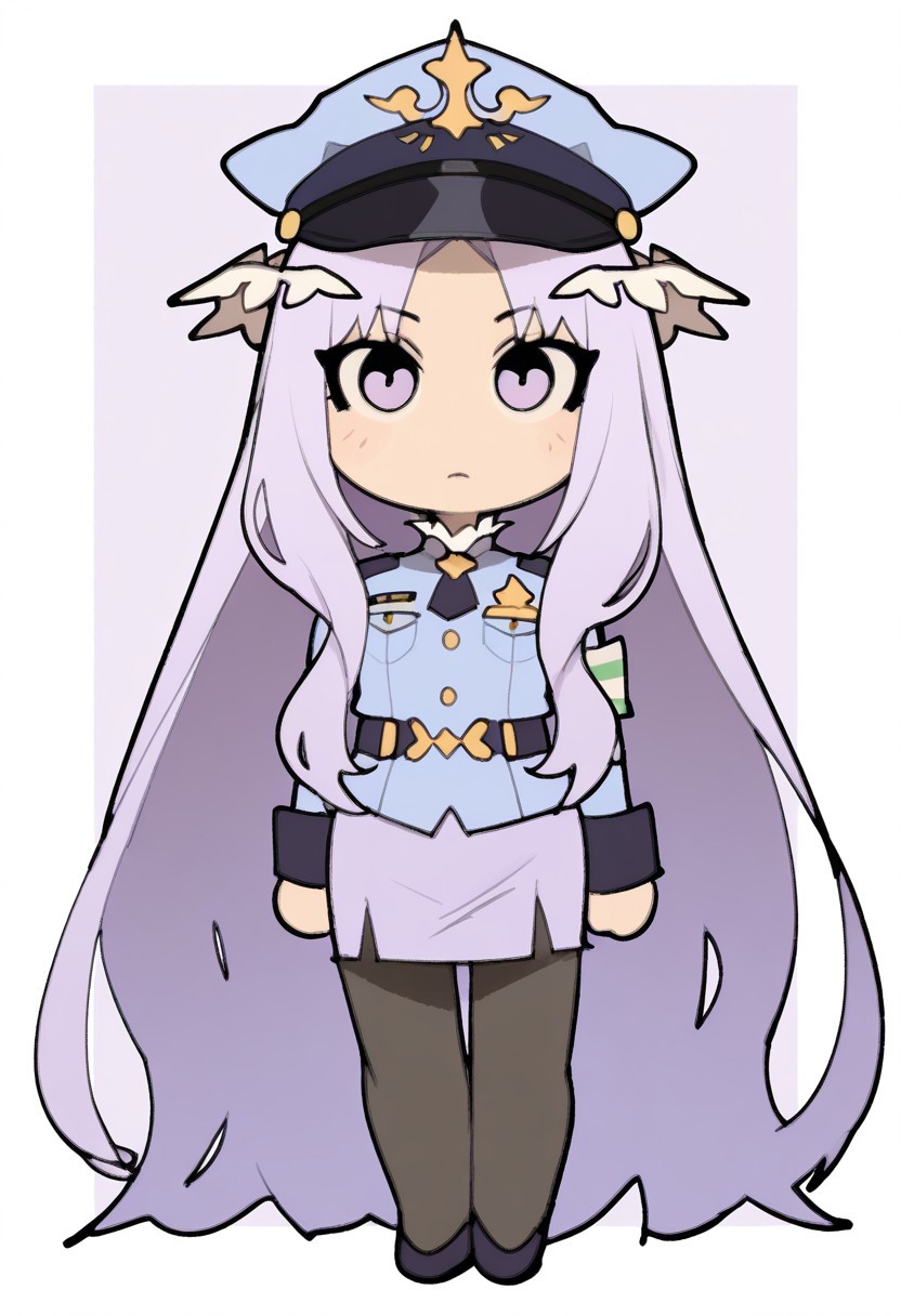 1girl, solo, tmchng,
patQuinella, purple hair, quinella, absurdly long hair, purple eyes, long hair, parted bangs, purple hair, very long hair, hair ornament,
police uniform, ceremonial uniform, blouse, skirt, black pantyhose, dress shoes, police hat, serene,
chibi, petite, extremely detailed, highres, masterpiece, best quality