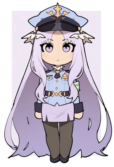 1girl, solo, tmchng,
patQuinella, purple hair, quinella, absurdly long hair, purple eyes, long hair, parted bangs, purple hair, very long hair, hair ornament,
police uniform, ceremonial uniform, blouse, skirt, black pantyhose, dress shoes, police hat, serene,
chibi, petite, extremely detailed, highres, masterpiece, best quality