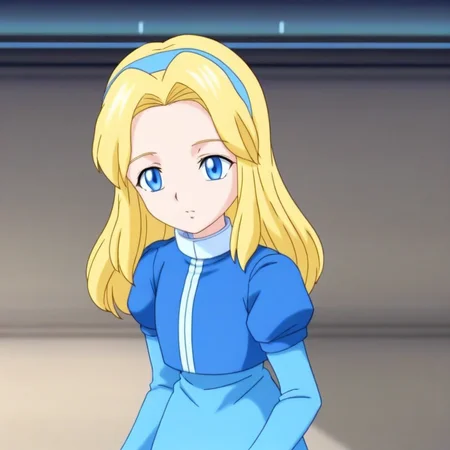 blue long sleeve dress, 1girl, blue hairband, exposed legs, short puffy sleeves, long blonde hair, blue eyes, Maria, parted hair, small blue jacket, blue  slippers, white collar