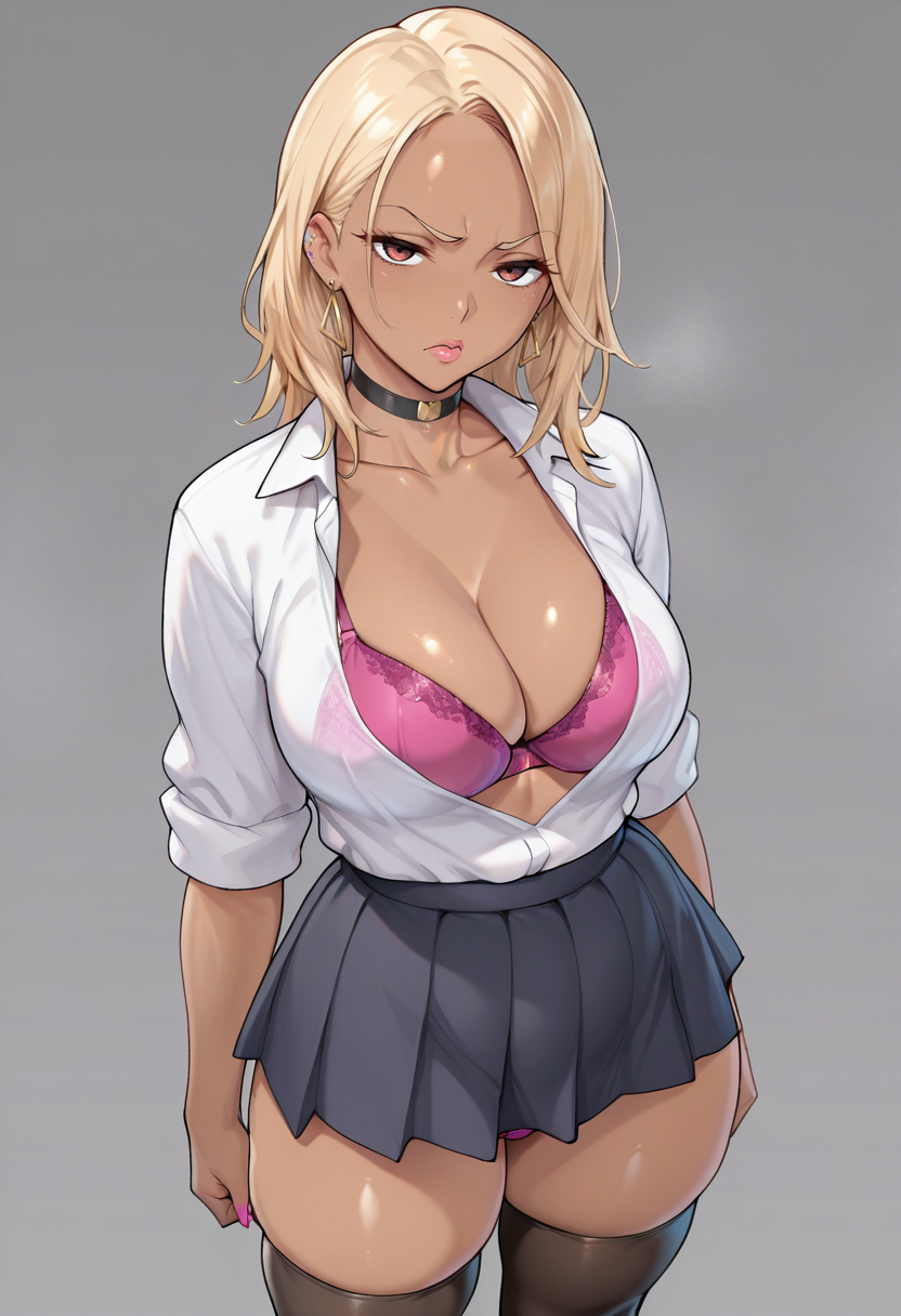 masterpiece, best quality,
  <lora:Nanabe_78:1> N4n4b378,  1girl, solo,standing, looking at viewer, disdain,blonde hair, medium hair, gyaru, medium breasts,school uniform, skindentation, cleavage, skirt, thighhighs, choker, earrings, sleeves rolled up, underwear, bra,