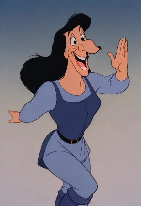 DukeIgthorn, retro artstyle, solo, black hair, long hair, black eyes, big nose, BBN, light blue sleeves, long sleeves, light blue pants, blue tunic, dark blue boots, black buckle belt, smile, open mouth, masterpiece, best quality, sensitive, 1girl, solo, looking at viewer, (dynamic pose:1.4), female body, genderswap (mtf), genderswap, ,, retro artstyle, gender transformation