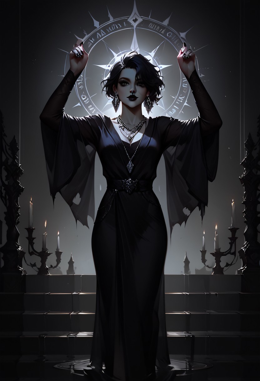 score_9, score_8_up, highly detailed, score_7_up, easynegative, concept art, realistic, dark theme, perfect quality, highly detailed, low light, face focus, anatomically perfect, handfixer
full body shot, gothic fantasy style, wide gothic grey marble staircase, outdoor scene,
1girl, 30 years old woman, tall regal figure, slender body, angelic beauty, pale skin, barefoot, slightly torn elegant long black robes, holes in robe, dark black messy hair, waist length hair, sharp nose, diamond nose stud, dark eyes, almond shaped eyes, black nail polish, standing at top of the staircase, black lipstick, soft smile, silver ring with ruby stone, silver diamond earrings, silver necklace with ruby medallion, looking up, raising arms above hand, holding a large glowing purple rune with both hands above head, Glowing Runes, Glowing Rune Circle