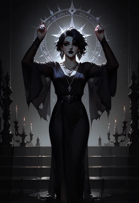 score_9, score_8_up, highly detailed, score_7_up, easynegative, concept art, realistic, dark theme, perfect quality, highly detailed, low light, face focus, anatomically perfect, handfixer
full body shot, gothic fantasy style, wide gothic grey marble staircase, outdoor scene,
1girl, 30 years old woman, tall regal figure, slender body, angelic beauty, pale skin, barefoot, slightly torn elegant long black robes, holes in robe, dark black messy hair, waist length hair, sharp nose, diamond nose stud, dark eyes, almond shaped eyes, black nail polish, standing at top of the staircase, black lipstick, soft smile, silver ring with ruby stone, silver diamond earrings, silver necklace with ruby medallion, looking up, raising arms above hand, holding a large glowing purple rune with both hands above head, Glowing Runes, Glowing Rune Circle