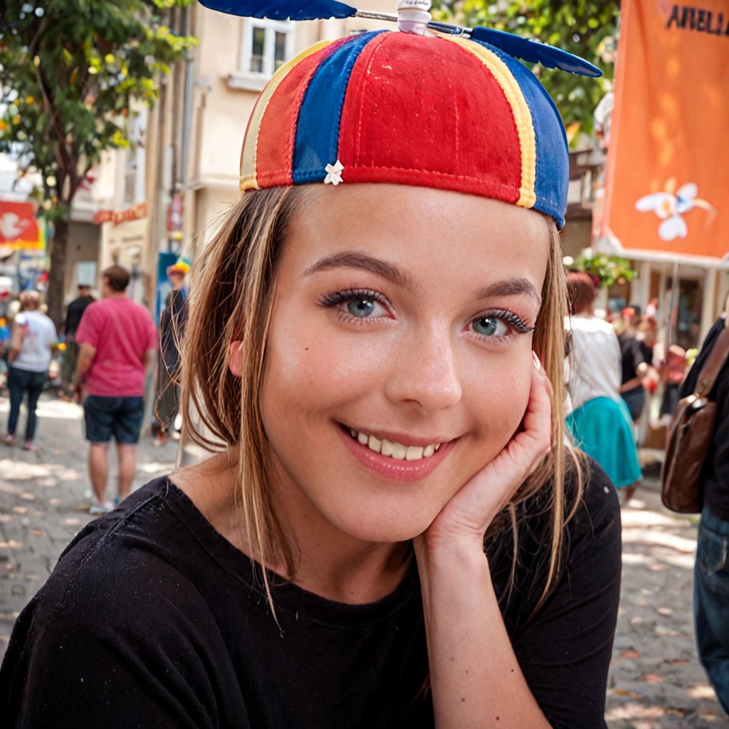score_9, score_8_up, score_7_up, score_6_up
propeller hat, propellerhat, propeller hat \(object\),  standard propeller hat,  beanie with propeller, 
1girl, solo, smile, black shirt,  realistic, street background