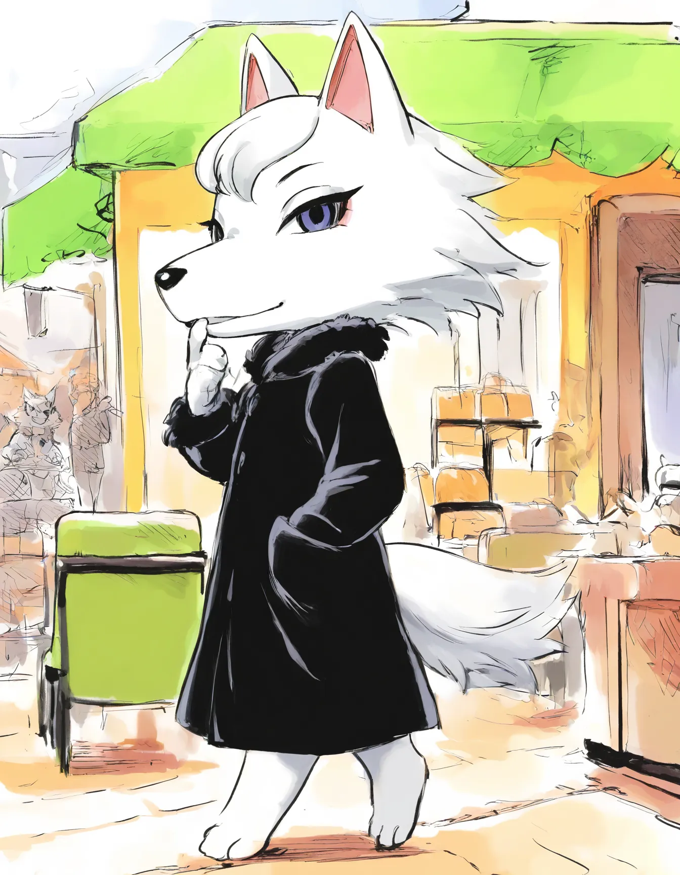 whitneyc, wolf, white fur, flat chest, 1girl, female, solo, blue eyes, black nose, sketch, from side, looking at viewer, amused, smirk, shushing, hand up, finger out, tail, black coat, fluffy collar, anime, full body, street, pedestrians, market, cafe, outdoor seating, walking,
<lora:Whitney_v2Noob3s96:1> <lora:noobai_ep11_stabilizer_v0.138_fp16:0.8>