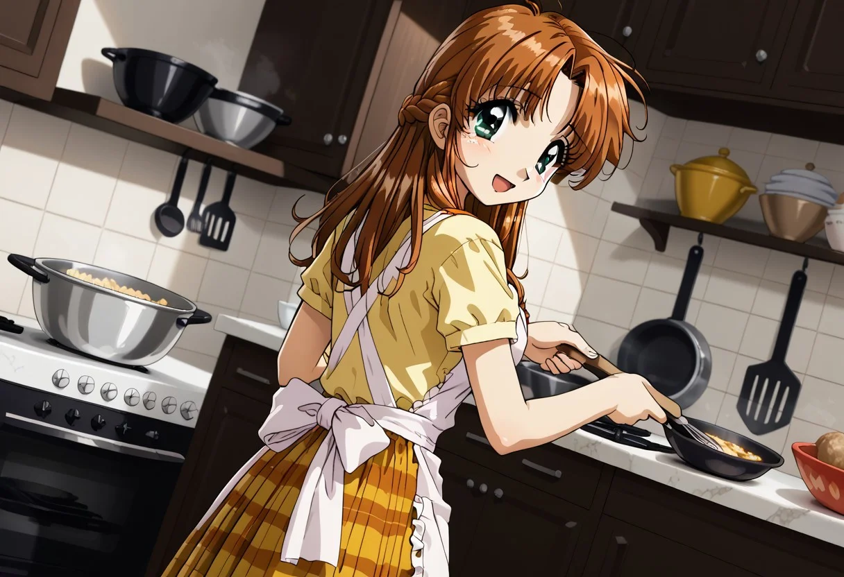 detailed background, shiny skin, rating safe, <lora:komirin.pony:1.0>, komirin, seina, solo, looking at viewer, looking back, smile, open mouth, medium breasts, yellow shirt, short sleeves, brown plaid skirt, apron, cooking, indoors, kitchen, kitchen counter, dutch angle
