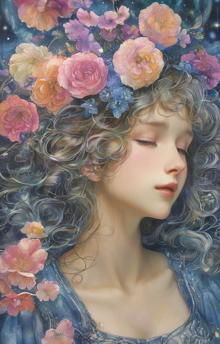 masterpiece,best quality,<lora:tbh140-sdxl:0.7>,idolmaster cinderella girls,illustration,style of Jean Delville,symbolism,colorful