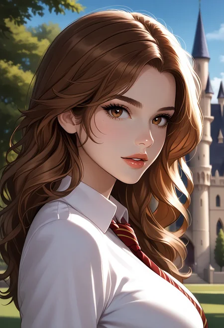 https://civitai.com/images/71069860
solo, (side view:1) masterpiece, best quality,masterpiece, best quality, good quality, very aesthetic, newest, 8K, depth of field, focused subject, BREAK, 1girl, hermione granger, brown eyes,close up, sexy lips, ecasagrande, looking at viewer, parted lips, flirty, 
(large breasts:1.2)
Hogwarts uniform, tie, school shirt,
Beautiful castle, trees, sunny, beautiful sky