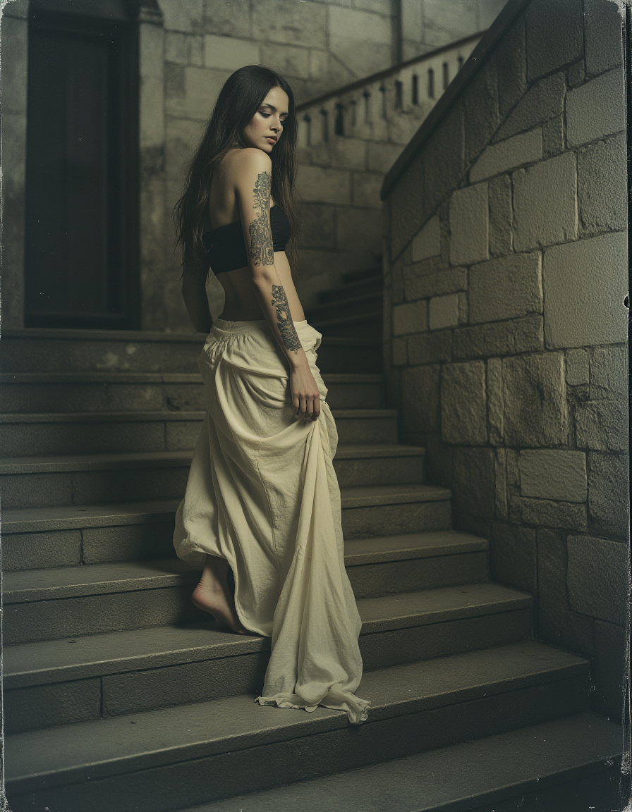 faded photograph, analog style.
A burlesque macabre masterpiece in the style of Stefan Gesell. A full-body shot of a young, fit, slim, europen woman. She is barefoot. A photo-realistic shoot from a profile camera angle about a woman. Bokehmachine.
Full-length, shot of a young woman with very long, straight hair and pale skin. She has gothic tattoos on her legs and arms. She is barefoot. Perfect bare feet. Aroused facial expression.
A stylish and elegant woman walks gracefully on a set of worn stone stairs. She wears a flowing, floor-length skirt that drapes softly around her legs, its delicate fabric pooling slightly on the steps. Paired with a structured, form-fitting bustier, the outfit accentuates her slender waist, blending timeless sophistication with modern allure. Her posture is relaxed yet poised—one hand resting gently on her knee while the other brushes against the fabric of her skirt. The setting is atmospheric, with soft, diffused light casting gentle shadows, highlighting the texture of the stone steps and the contours of her outfit. Her expression is calm and introspective, adding to the quiet elegance of the scene.Her head tilts slightly back, lips parted, eyes half-closed in an expression of haunting serenity—part pain, part rapture.
The side lighting is harsh and sculptural, casting dramatic shadows that trace the contours of her body. The scene evokes a visceral sense of surrender, intimacy, and psychological exposure—sensual, surreal, and unmistakably gothic.