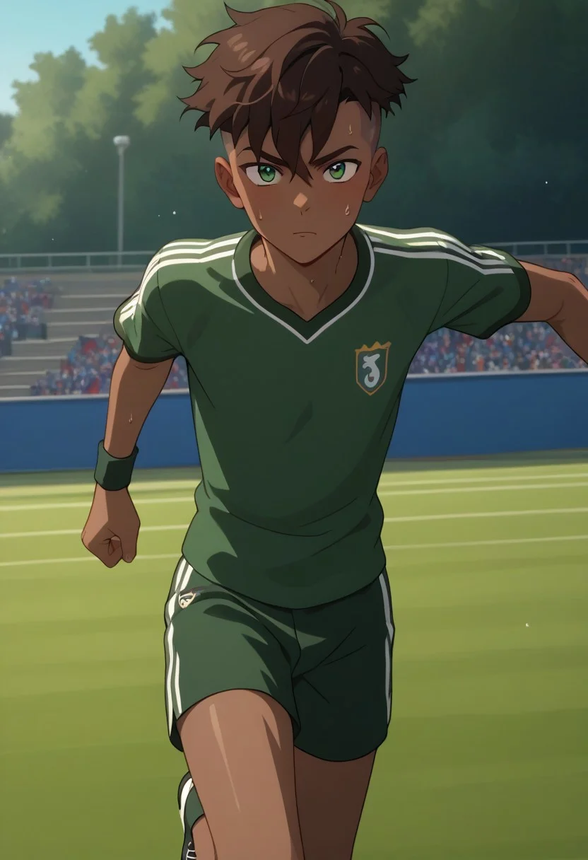score_9, score_8_up, score_7_up, zPDXL3, source_anime, masterpiece, newest, 1boy, solo, male focus, Kai, Brown Hair, Undercut, Green Eyes, Brown Skin, dark skin, pretty, sweat, running, dynamic pose, soccer uniform, green clothes, shirt, shorts, bare legs, slim, skinny, cowboy shot, looking at viewer, intricate details, anime screencap, cel shading, perfect face, shiny skin, outdoors,