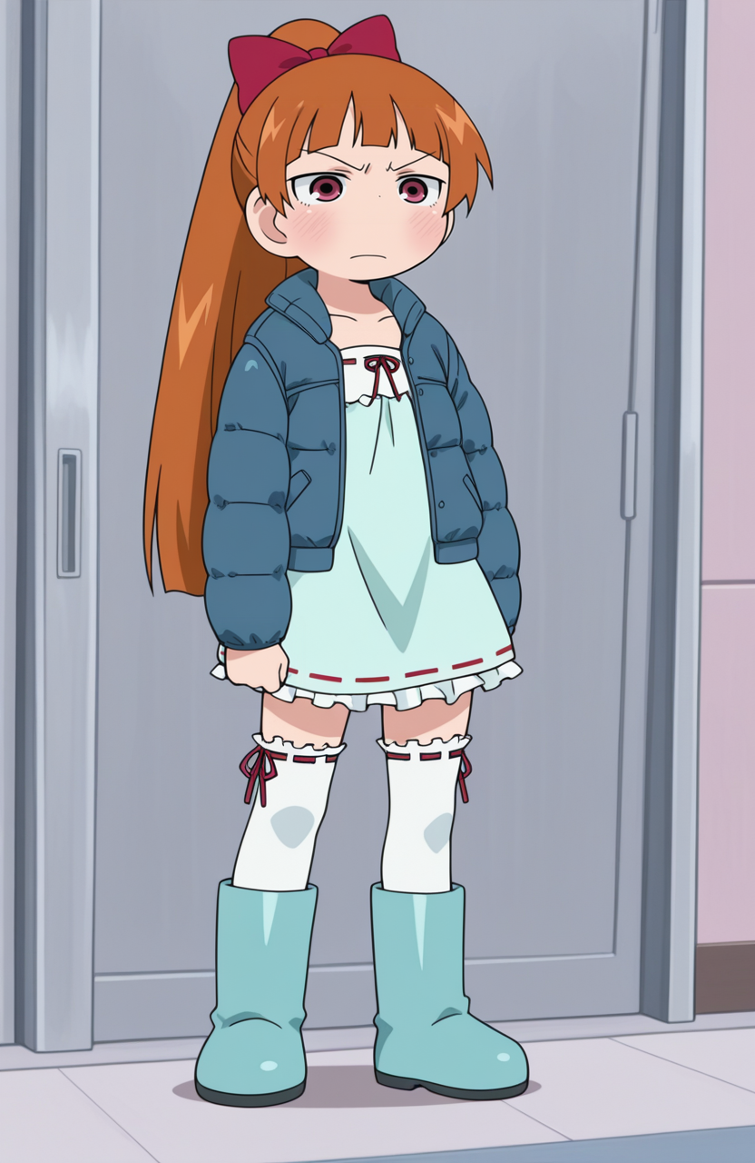 1girl, solo,
blossom \(ppg\), pink eyes, orange hair, very long hair, ponytail, petite, flat chest, blue down jacket, aqua dress, ribbon-trimmed dress, white frilled thighhighs, aqua snow boots, standing, shoulders slumped, downcast eyes, somber expression, heavy mood,
 <lora:Mitsudomoe:1> mitsudomoe, extremely detailed, highres, masterpiece, best quality