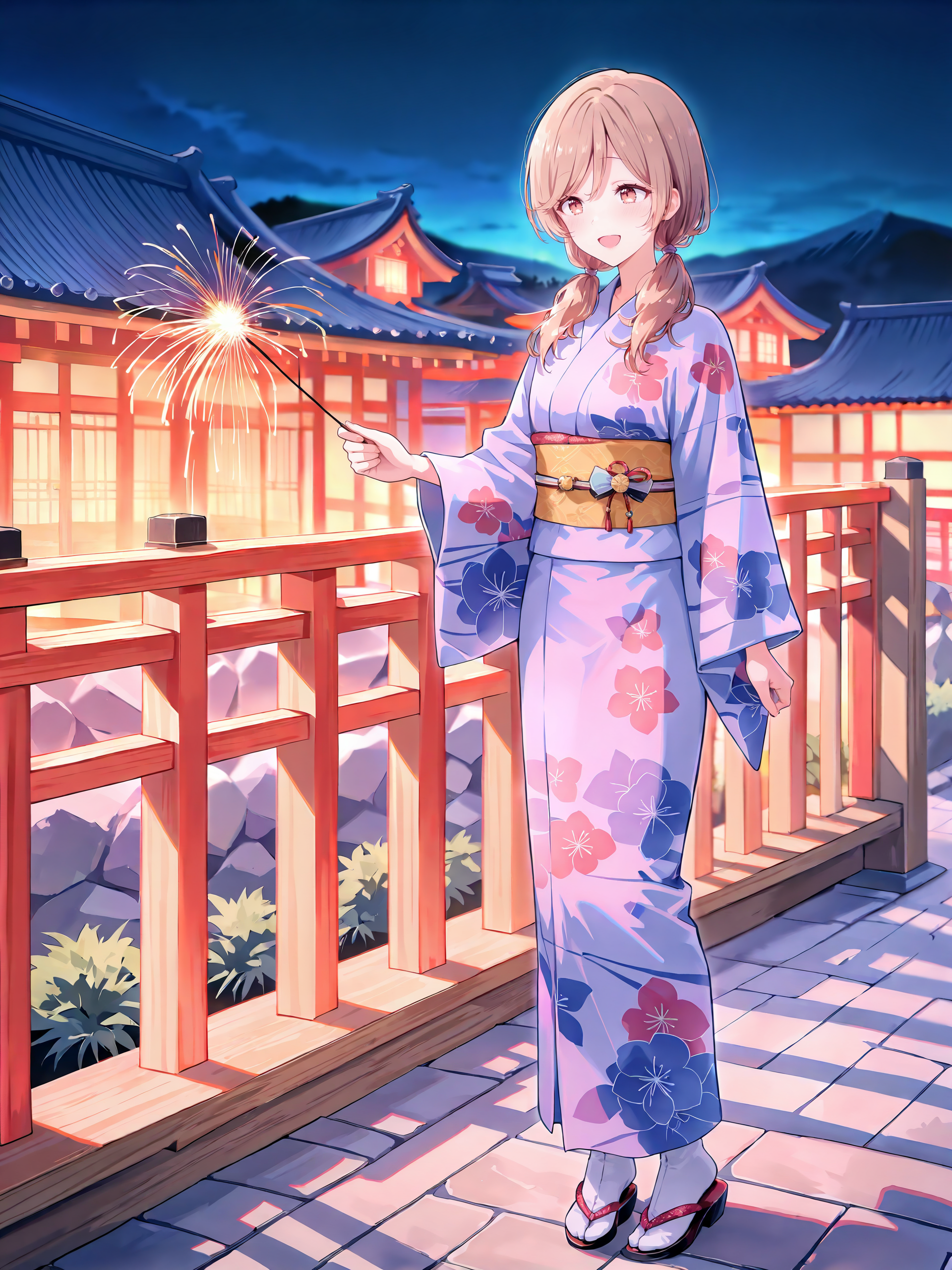 1girl, sena ajisai, solo, kimono, low twintails, obi, sash, tabi, zouri, standing, full body, holding fireworks, smile, open mouth, night, outdoors, blurry background , <lora:Char-Sena_Ajisai-V1-IL:0.9>
masterpiece, best quality, amazing quality, very aesthetic, absurdres, (ask \(askzy\), hiten \(hitenkei\):0.7), perfect features, intricate details, ray tracing, <lora:XL-detailed_notrigger:1:hr=0.5>