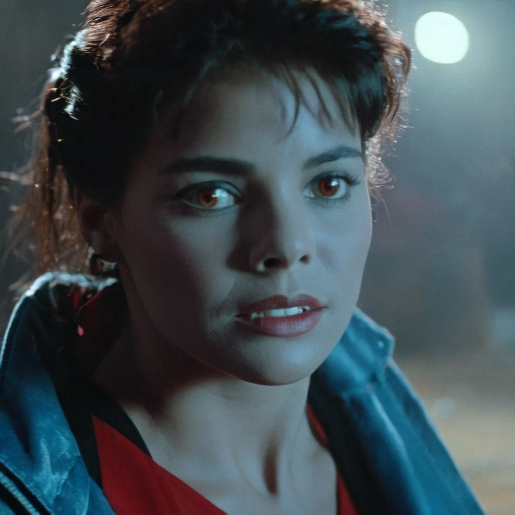 Horror-themed,  <lora:Fright Night 1985 Film Style:1>
Cinematic Closeup Shot Film Footage captured by Panavision Cameras and Lenses, Regine Dandridge a white woman with a red shirt and a black jacket smiling up at someone with blue cool light on her face Fright Night 1985 Film Style, Eerie, unsettling, dark, spooky, suspenseful, grim, highly detailed