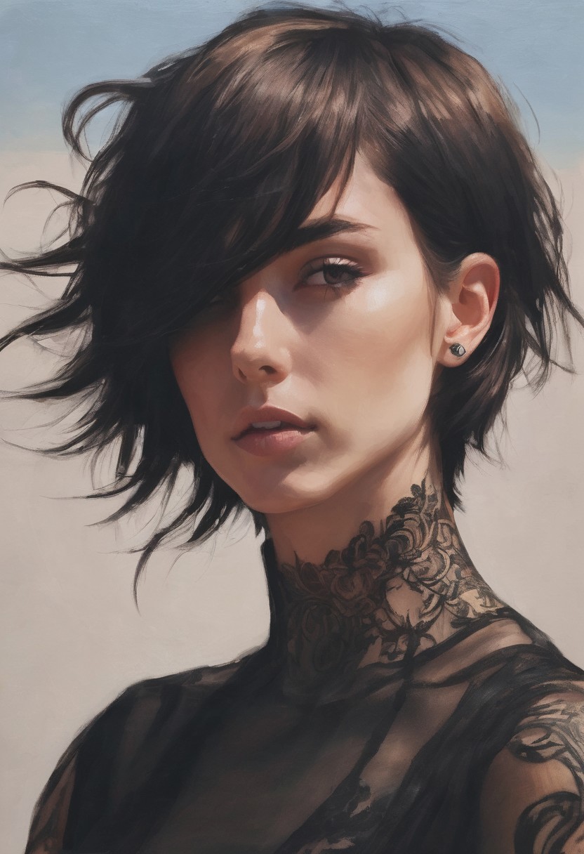 <lora:GiganticBreastsXLv1:1>, ((oil painting)), 1girl, (Short-haired busty Irish emo-girl), tanned skin, ((translucent)), (dropped armholes), ((one exposed breast)), (side-boob),  ((upturned tubular breasts)), (((large dark areolae))), ((shy grin)), ((dimples)), (((colour-textured short dark pixie-cut hair))), (spine), ((arched back)), tattoo (tan-lines), sunny evening on plain sandy beach, Intricate textures, (high detailed skin:1.5),