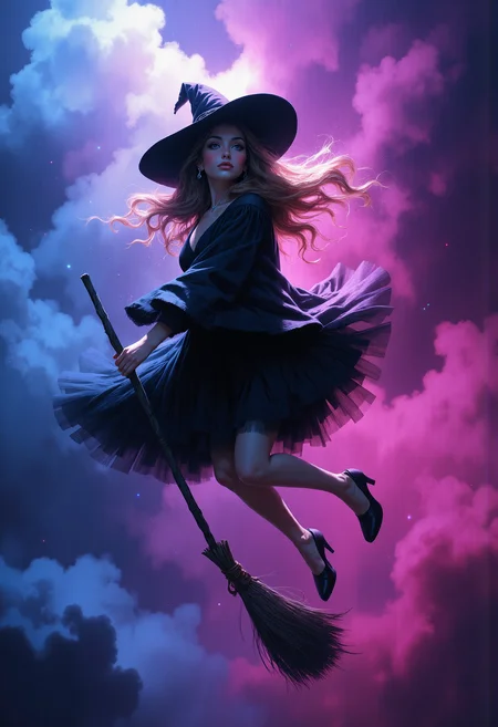 A witch flies through the air on a black broomstick, wearing a wide-brimmed black hat. She holds onto the broom with two hands. Her hair is long, wavy, light brown in colour with soft highlights. She is wearing a black dress with an airy tulle skirt that is slightly blurred in movement. Her legs are bent and her feet point downwards. The stage is lit with two-colour light: soft blue light on the left and warm magenta on the right, creating a mystical and dreamy atmosphere. The background is a gradient of smoky clouds going from pink to blue, giving depth to the image. <lora:FluxMythP0rtr4itStyle:0.8> MythP0rt, <lora:aidmaMJ6.1-FLUX-V0.2:0.6> aidmaMJ6.1, <lora:sxz-Dark-Fantasy-v2-Flux:0.66> drkfnts style,