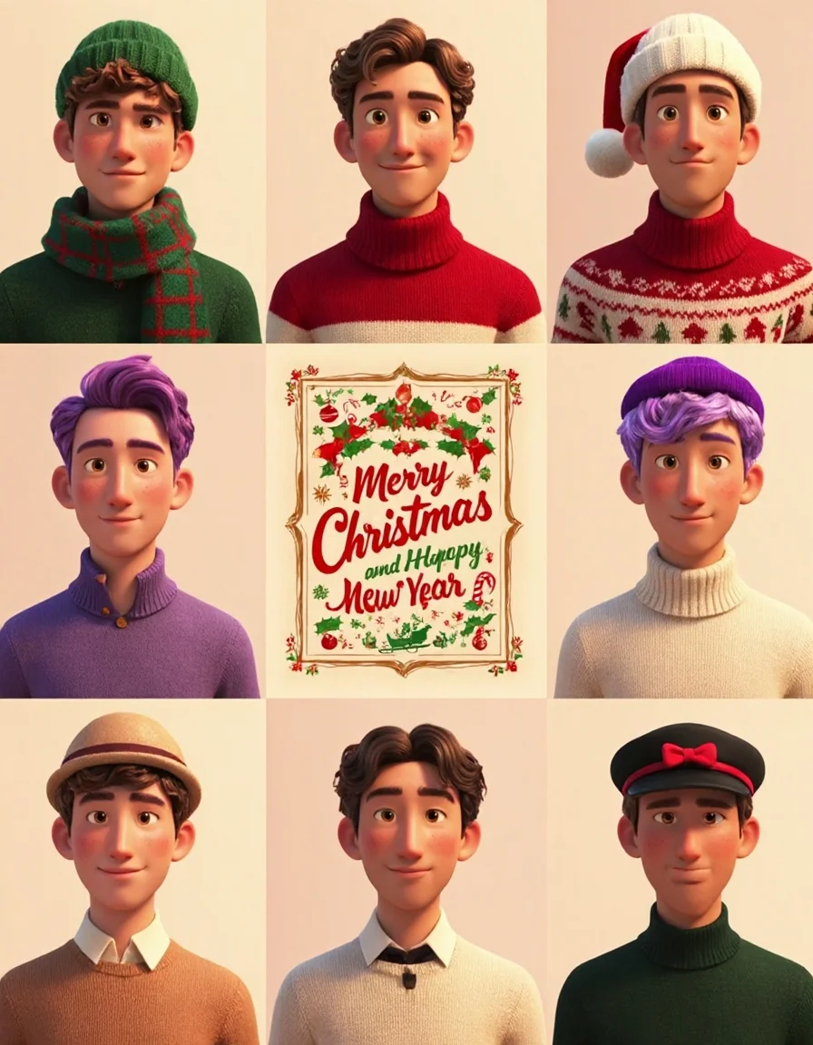 3D Pixar Style, This image is a high-quality digital collage featuring nine different illustrations of young men in festive Christmas-themed outfits arranged in a grid. Each illustration is meticulously detailed with a soft, painterly style, and the overall aesthetic is very high. The men are depicted with various hair colors, styles, and accessories, such as hats, scarves, and ties, all contributing to a cohesive holiday theme.
The top row shows three men: the first wears a green plaid hat and a green sweater, the second has a red Santa hat with a candy cane and wears a red and white sweater, and the third wears a beige knitted hat and a light purple sweater. The middle row features a central frame showcasing a vintage Christmas design with bold, retro typography reading “Merry Christmas and Happy New Year.” The design includes festive elements like holly, snowflakes, candy canes, ornaments, and a red sleigh pulled by reindeer, all rendered in a nostalgic mid-century style with warm, muted tones. The two men flanking the central design are dressed festively: the left wears a white hat with pom-poms and a white sweater, while the right has purple hair styled into a short, tousled look and wears a green sweater. The bottom row includes three more men: the first has a red Santa hat and a brown sweater with reindeer antlers, the second wears a black hat with a red bow and a black sweater, and the third has a beige hat and a beige sweater.
The background of each illustration, including the central design, features a soft gradient of warm holiday tones. The lighting is soft and even, creating a whimsical, cohesive holiday atmosphere inspired by Pixar's magical and heartwarming aesthetic.