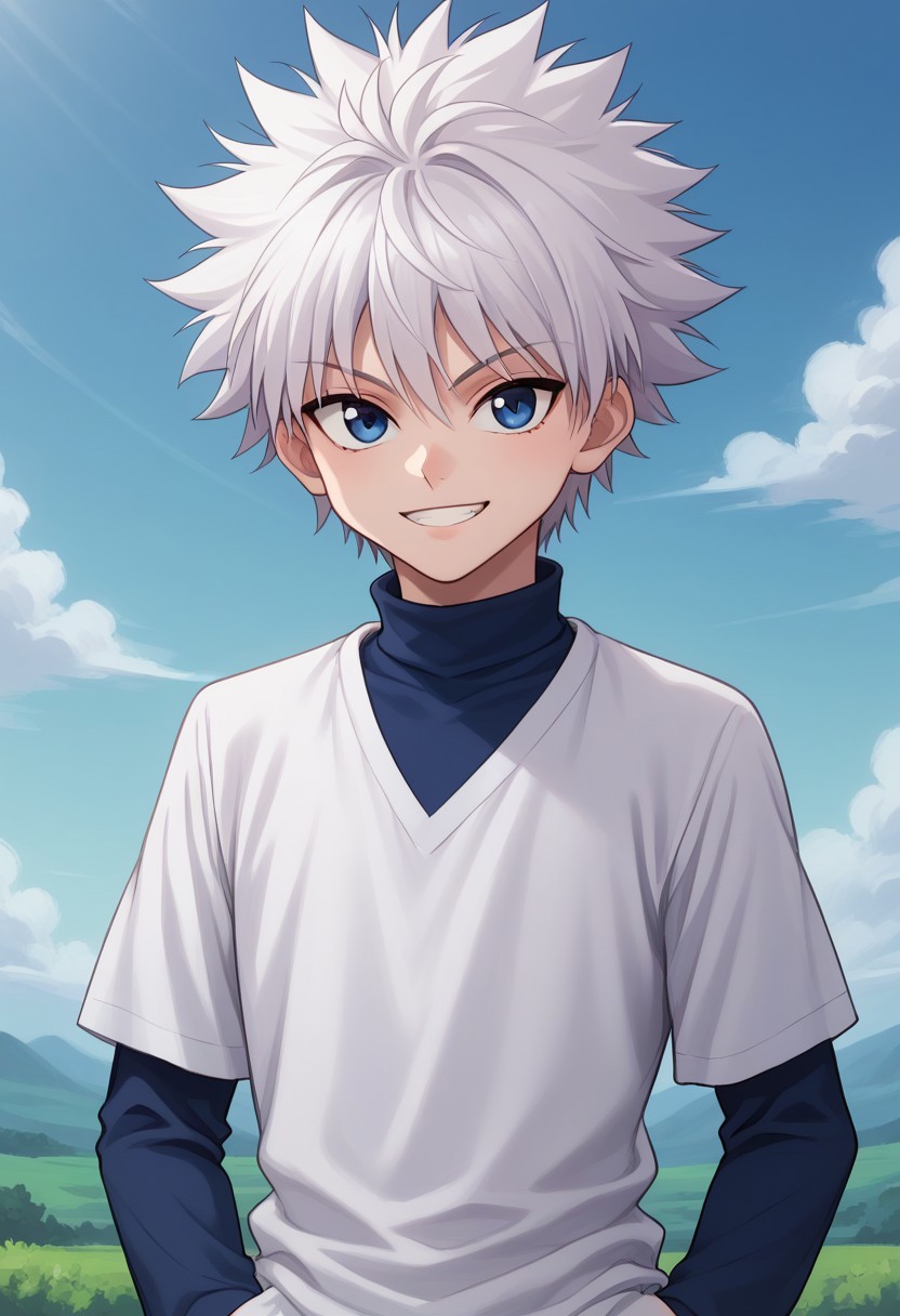 score_9, score_8_up, score_7_up, source_anime, highly detailed,
killuazoldick, 1boy, solo, male focus, white hair, blue eyes, upper body, shirt,
looking at viewer, long sleeves, layered sleeves, standing, closed mouth,
spiked hair, hand in pocket, short over long sleeves, white shirt,
short hair, short sleeves, bangs, turtleneck, blue shirt, grey shirt, smile, grin
outdoor, sky,