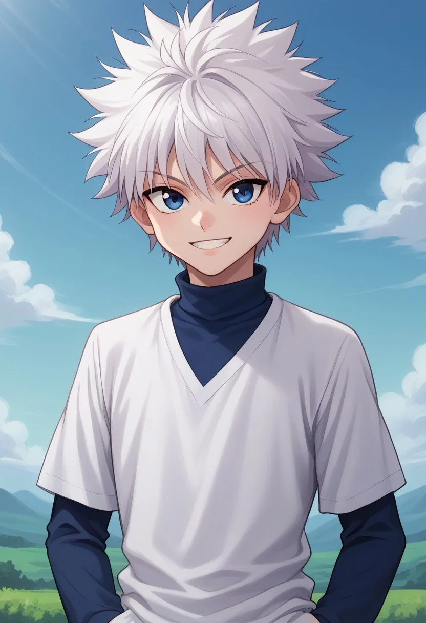 score_9, score_8_up, score_7_up, source_anime, highly detailed,
killuazoldick, 1boy, solo, male focus, white hair, blue eyes, upper body, shirt,
looking at viewer, long sleeves, layered sleeves, standing, closed mouth,
spiked hair, hand in pocket, short over long sleeves, white shirt,
short hair, short sleeves, bangs, turtleneck, blue shirt, grey shirt, smile, grin
outdoor, sky,
