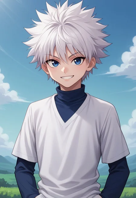 score_9, score_8_up, score_7_up, source_anime, highly detailed,
killuazoldick, 1boy, solo, male focus, white hair, blue eyes, upper body, shirt,
looking at viewer, long sleeves, layered sleeves, standing, closed mouth,
spiked hair, hand in pocket, short over long sleeves, white shirt,
short hair, short sleeves, bangs, turtleneck, blue shirt, grey shirt, smile, grin
outdoor, sky,