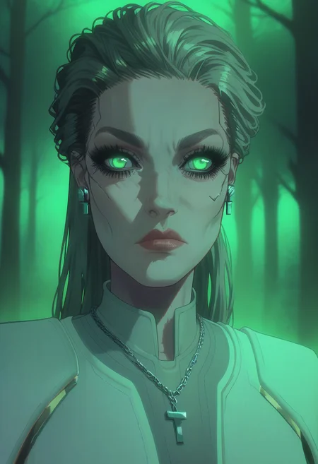 score_9, score_8_up, score_7_up,
GLSHS, a girl with long hair and glowing green eyes in a forest with trees, green theme, long eyelashes, cross necklace, straight hair, bangs, black dress, ear piercing, cross earrings,Rosalind Myers