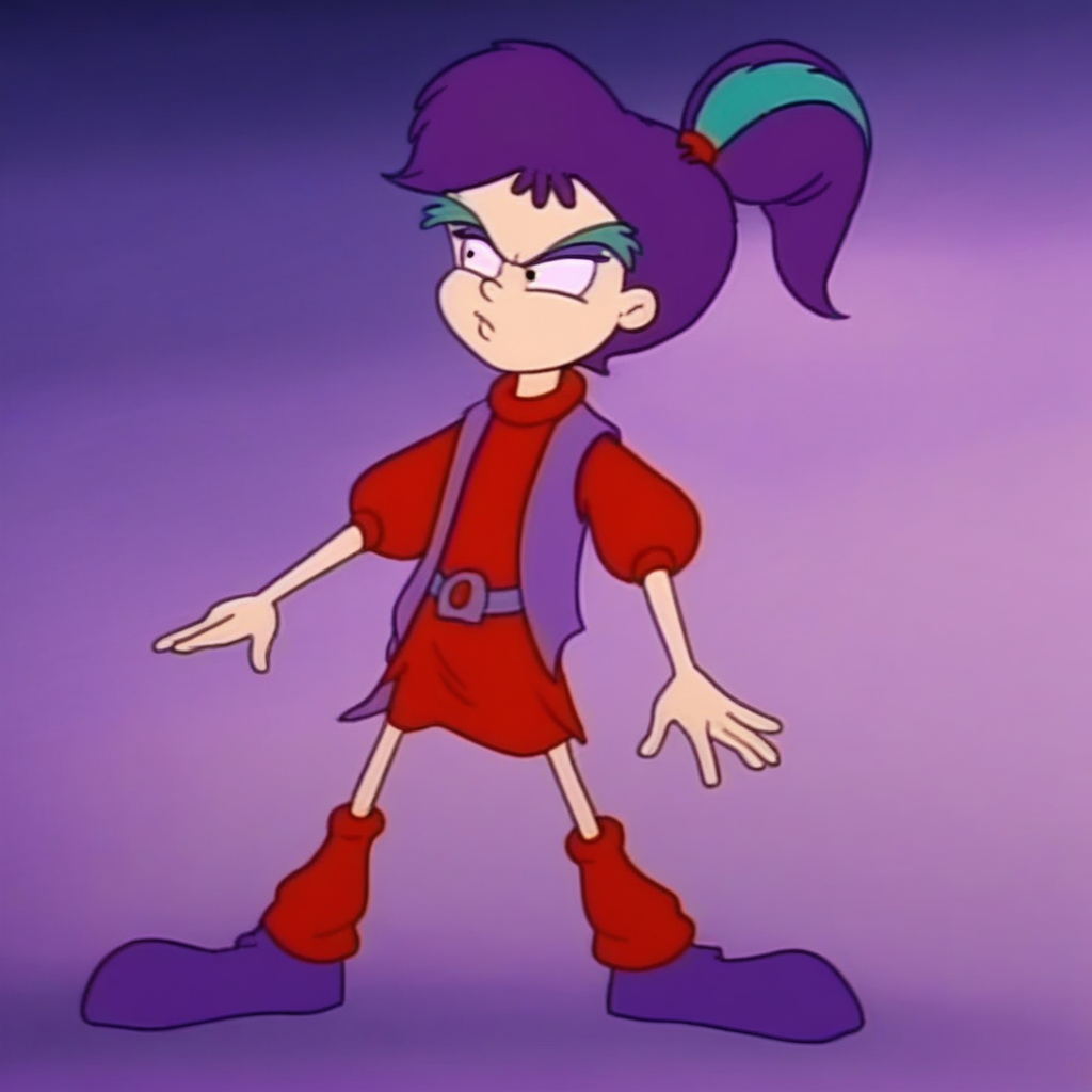purple shoes, red legwarmers, red sweater, ShreekyCB, shreekycb, purple vest, ponytail, black eyes, purple eyeshadow, red hair tie, green stripe in ponytail, 1 girl, solo