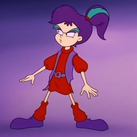 purple shoes, red legwarmers, red sweater, ShreekyCB, shreekycb, purple vest, ponytail, black eyes, purple eyeshadow, red hair tie, green stripe in ponytail, 1 girl, solo