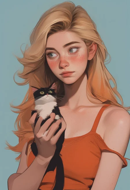1girl, pretty face, freckles, manic pixie, long blonde hair, straight hair, 
orange tank top, bra strap, holding a cute cat,
FOV medium shot, 
simple pastel light blue background,
score_9,score_8_up