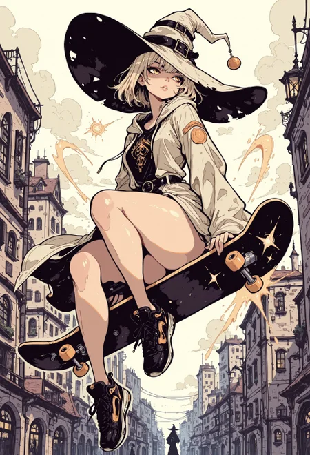 masterpiece, best quality, very aesthetic, detailed face, (dynamic:1.1), partial illumination, thick linework, illustration, 1girl, witch, (huge brimhat:1.1), mage, patched robes, streetwear, casting, platinum blonde hair, golden eyes, shadow, d41z3n, curvy, sitting on flying skateboard, city, spray paint, skater girl, fabric patches, teared clothes,