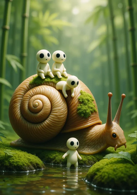 several tiny kodama perched playfully atop the spiraled shell of a large moss-covered snail slowly making its way through the undergrowth; the kodamaâs glowing forms contrast against the rough, textured surface of the shell, which glistens faintly with morning dew; soft green moss clings to the curves of the snailâs home, while behind them, enormous ferns and towering stalks of bamboo rise upward, casting long, graceful shadows across the scene<lora:kodama_flux.safetensors:1.0:1.0>