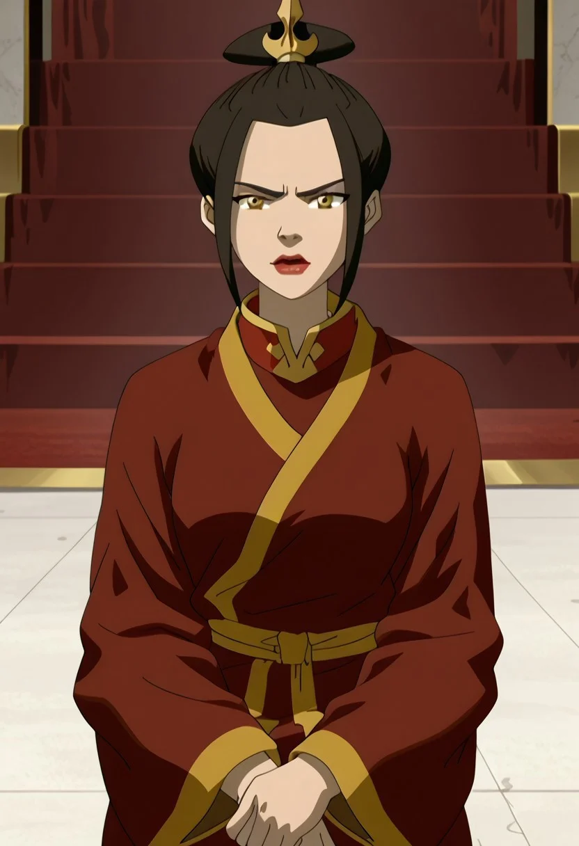 ((score_9)), Atlastyle, Azula, Red Robe, Crazyhair, Solo, leaning on ottoman,