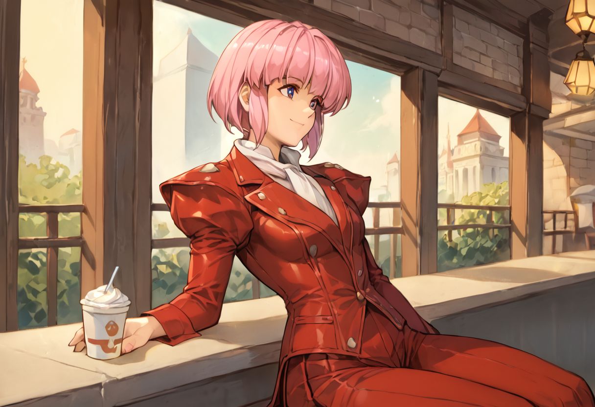 score_9, score_8_up, score_7_up, very aesthetic, source_anime, detailed, high quality, beautiful, masterpiece, detailed eyes,
<lora:lightXL:0.8>
city view, blurry background,
 <lora:action-sdxl-V0.5:1>zdyna_pose
dynamic angle, 
dynamic pose,
score_9, score_8_up, score_7_up <lora:diana-silverneil-000030:1> diana silverneil, gloves, long sleeves, pleated pants, red pants, puffy sleeves, red coat, 1girl, solo, Pink hair, outdoors, cafe, light smile, sitting,(((lustrous skin:1.5,bright skin: 1.5,skin,shiny skin,very shiny skin,shiny body,plastic glitter skin,exaggerated shiny skin,illuminated skin))),(detailed body,(detailed face)),