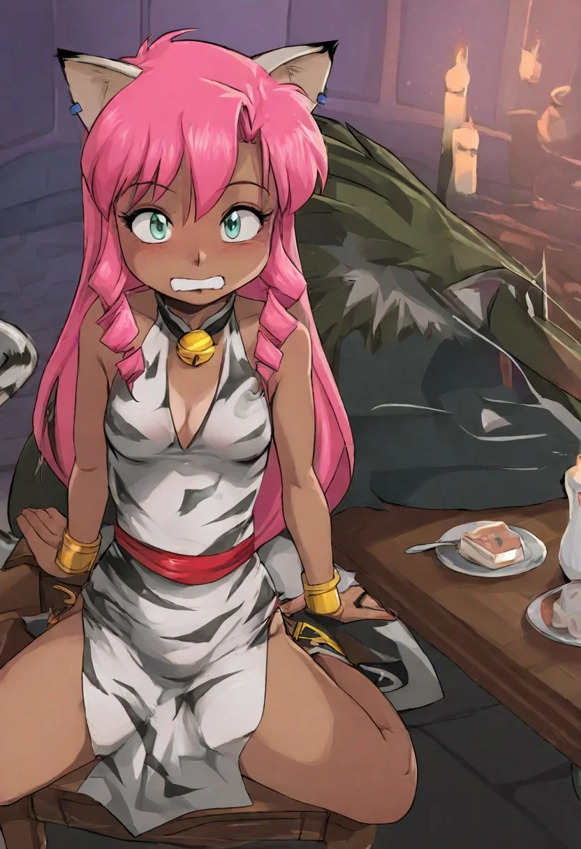 Duo, Pink_DragonPink, 1girl, sleeveless dress, green eyes, white tiger print dress, pelvic curtain, cleavage, cat ears, cat bell necklace, bright pink hair, tanned, white tiger tail, red sash, small breasts, leather shoes, masterpiece, very aesthetic, <lora:pink-illustrious:1>, horrified face
Break
1 boy, l1nk, wolf, blue eyes, blue earrings, tail
Break
Pink sitting on a chair at a table staring at the immaculate dessert on a plate in front of her, dessert in front of pink, eyes gleaming staring at the dessert, wolf link hiding off to the side, lit by candle light, front view, focus on pink's face and dessert, wolf link stealing the dessert off of the plate with his mouth