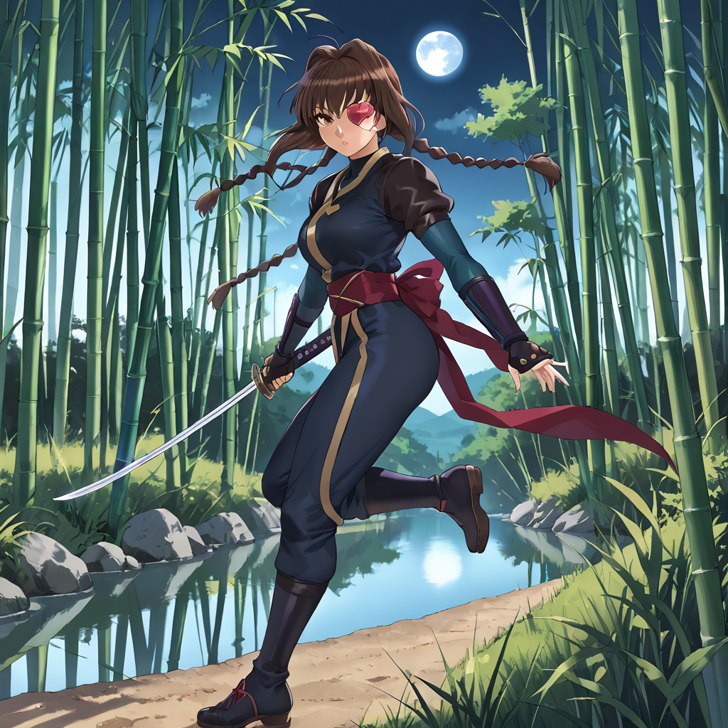 outdoors, bamboo forest, nighttime, river, moon, <lora:Yagyu_Jubei_the_Second_-_Jubei-chan_The_Ninja_Girl-000018:.7> jubei-chan, 1girl, solo, brown hair, brown eyes, bangs, braids, low twin braids, long braids, eyepatch, heart eyepatch, ninja, kunoichi, side view, full body, running, holding katana, dynamic