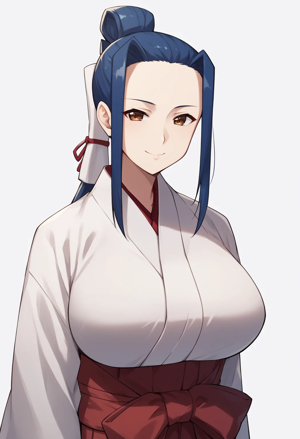 score_9, score_8_up, score_7_up, score_6_up, score_5_up, score_4_up, BREAK, source_anime,
1girl, kokuyou, blue hair, long hair, ponytail, brown eyes, hair bun,
japanese clothes, white kimono, large breasts, miko, red hakama skirt,
hands behind back, smile, upper body, looking at viewer, solo, simple background, white background <lora:KokuyouXL:1>