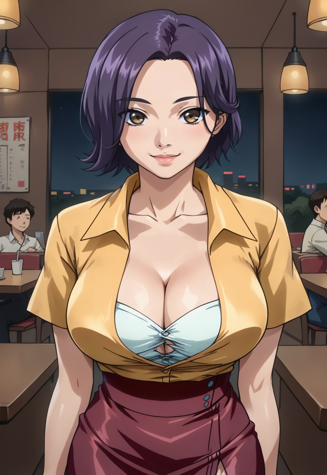 embedding:urn:air:sd1:embedding:civitai:222256@250708, SCORE_9, SCORE_8_UP, SOURCE_ANIME, REALISTIC, BREAK, 1FEMALE, HANAE ITAZURA, SOLO, PORTRAIT, SHORT HAIR, VIOLET HAIR, HAZEL EYES, HIGH-LOW SKIRT, RED SKIRT, OPEN YELLOW SHIRT, SHORTSLEEVE SHIRT, CLASP BRA, BURSTING BREASTS, CLEAVAGE, HAPPY, BREAK, IN RESTAURANT, NIGHT, HIGH RESOLUTION, VIVID TEXTURES