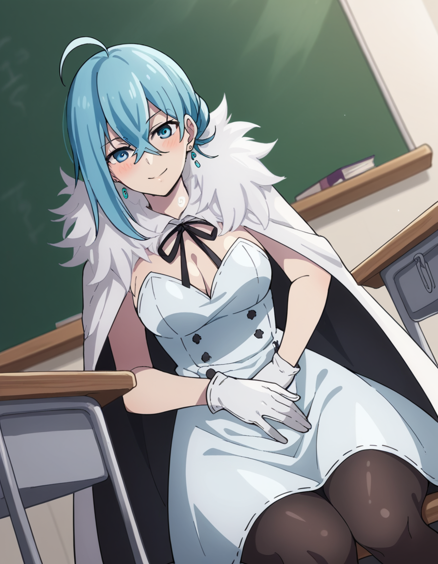score_9, score_8_up, score_7_up, source_anime, <lora:vivy-s1-ponyxl-lora-nochekaiser:1>, vivy, blue hair, blue eyes, crossed bangs, ahoge, hair between eyes, medium breasts,, cape, fur trim, dress, white dress, cleavage, ribbon, thighhighs, gloves, jewelry, pantyhose, earrings, white gloves,, classroom, chalkboard, daytime, studying, sitting, chair, desk, smile, hand on stomach, blush,, looking at viewer, solo,, dutch angle, cowboy shot