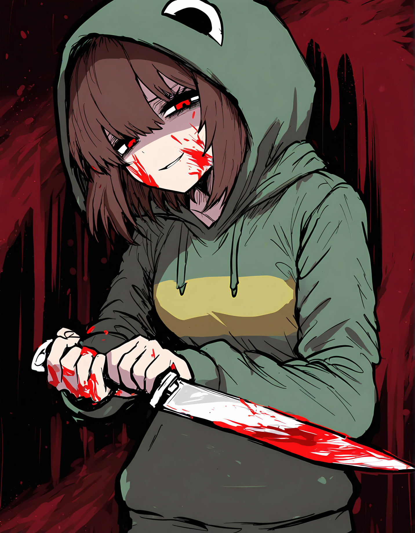 sushi yuusha toro, 1girl, chara \(undertale\), blood on face, holding knife, blood on knife, green hoodie,
very awa, masterpiece, best quality, year 2024, newest, highres, absurdres, <lora:black-souls-style-noobai-10-vpred:1>