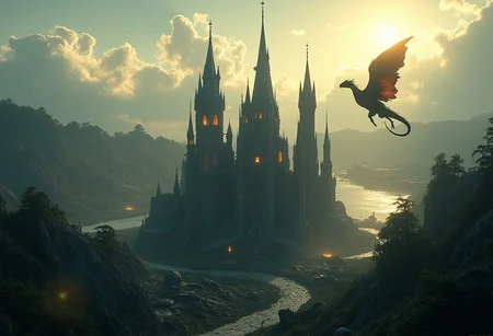 In a dimly lit, atmospheric scene a stunningly beautifully crafted majestic castle stands tall and mighty against the backdrop of a sunny clear day. The castle is surrounded by villages and streams,  A dragon flies overhead in the sky. The image is rendered in muted, desaturated colors with a warm color grade, evoking a sense of nostalgia and foreboding. A subtle film grain and slight vignetting add to the overall sense of unease and mystique. hkmagic