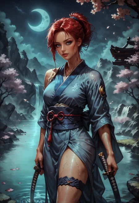 score_9, score_8_up, score_7_up, detailed, 1girl, solo, intricate details, chromatic aberration, realistic, samurai girl, red hair, shiny skin, sexy, ponytail, red eyes, outdoors, night time, dusk, torches, sprinkling water fountain, rocks, japanese landscape, flowers, tilted angle, moody lighting, tall, toned, open kimono, thigh strap, bare tree, branch, cherry blossoms, crescent moon, falling leaves, falling petals, full moon, lake, moon, moonlight, mountain, night, night sky, confident pose, victor pose, petals, petals on liquid, ripples, river, rose petals, sky, water, wet, wind, solo, holding a katana (blue and orange hue:1.2), highly detailed, glossy lips, high quality, dim lighting  <lora:Kenva:0.8> knva,    <lora:Concept Art Twilight Style SDXL_LoRA_Pony Diffusion V6 XL:0.8> concept art,    <lora:Expressive_H-000001:0.8> expressiveh    <lora:sinfully_stylish_SDXL> <lora:Pony_DetailV1.0>