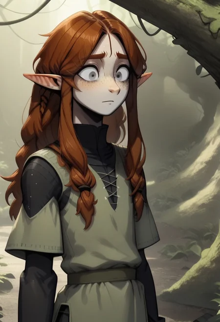 Malgha, 1 person, androgynous, solo, snout nose, pointy ears, gray eyes, light skin, freckles, tall, auburn hair, long hair, straight hair, two large strands of hair sticking straight up, small locks of hair in front of forehead, back-length hair, average build, small nostrils, green tunic, knee-high socks, shoes,
((Close up, face focus)), wide-eyed, constricted pupils,
((organic cavern background, luminous moss, plants, bordered by moss, detailed moss))
megaman zero style,
highly detailed face, detailed ears, high quality, best quality, masterpiece, score: 9, score: 8 up, rating: safe, source: anime screencap