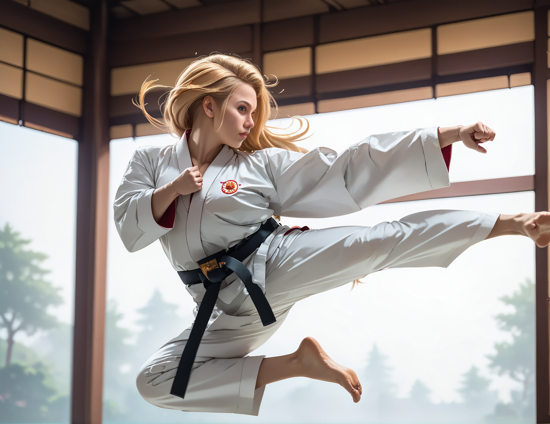 score_9, score_8_up, score_7_up, jusiki, side view, (slim 25yo female), doing a high jump sidekick, in front of pagoda. karate uniform and black belt,long blonde straight hair <lora:JumpedSideKickPony-000007:1>