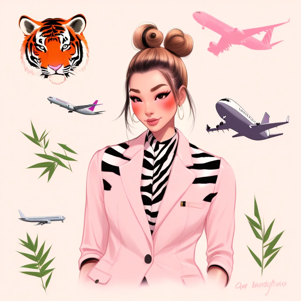 hair bun, airplane, riding, blush, tiger, bamboo, footprints, colored skin, gloves