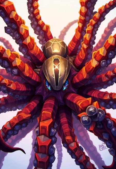 in the style of ck-lttlegh0st, An octopus extending its tentacles outward in a starburst pattern, with each arm composed of jagged crystal-like segments in fiery reds, oranges, and deep purples. The creatureâs head is an angular metallic dome, giving the piece a futuristic edge, reminiscent of sci-fi movie concept art.