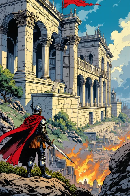 A grand palace, once a symbol of unshakable power, now stands in ruins, its once-pristine marble columns crumbling under the weight of time and war. The imperial banner, tattered and torn, flutters weakly in the wind as a lone warrior in battered armor surveys the aftermath of battle. In the valley below, abandoned cities burn as the last remnants of a once-great civilization scatter into the wilderness. The sky, filled with ominous storm clouds, reflects the fading light of a fallen era.,meiman_style,This is a retro comic book style digital illustration, <lora:meimanstylev2:0.4><lora:Vintage comic book:0.4><lora:RetroAnimeFluxV1:0.15><lora:Greg_Capullo_style:0.4><lora:jeanClaude_Mzires_Style_FLUX-000001:0.4><lora:Flux_Ink_Anime:0.4>