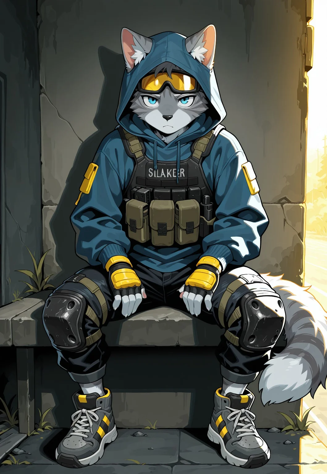 masterpiece,best quality, amazing quality,1boy, solo, Gray cat, Furry gray cat, fluffy tail, 5 fingers, Cat Blue eyes, black nose, sneakers, black jeans, blue hoodie, tactical black body armor, yellow ski goggles on eyes under hood, hood, fingerless gloves, knee pads and shin guards, stalker style.
