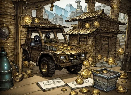 concept art,  a ((car)) ((hood opened)), inside a bunch of gold coins and a happy ninja boy, throwing gold coins,  old town background Cliff Childs, league of legends concept art, a storybook illustration,