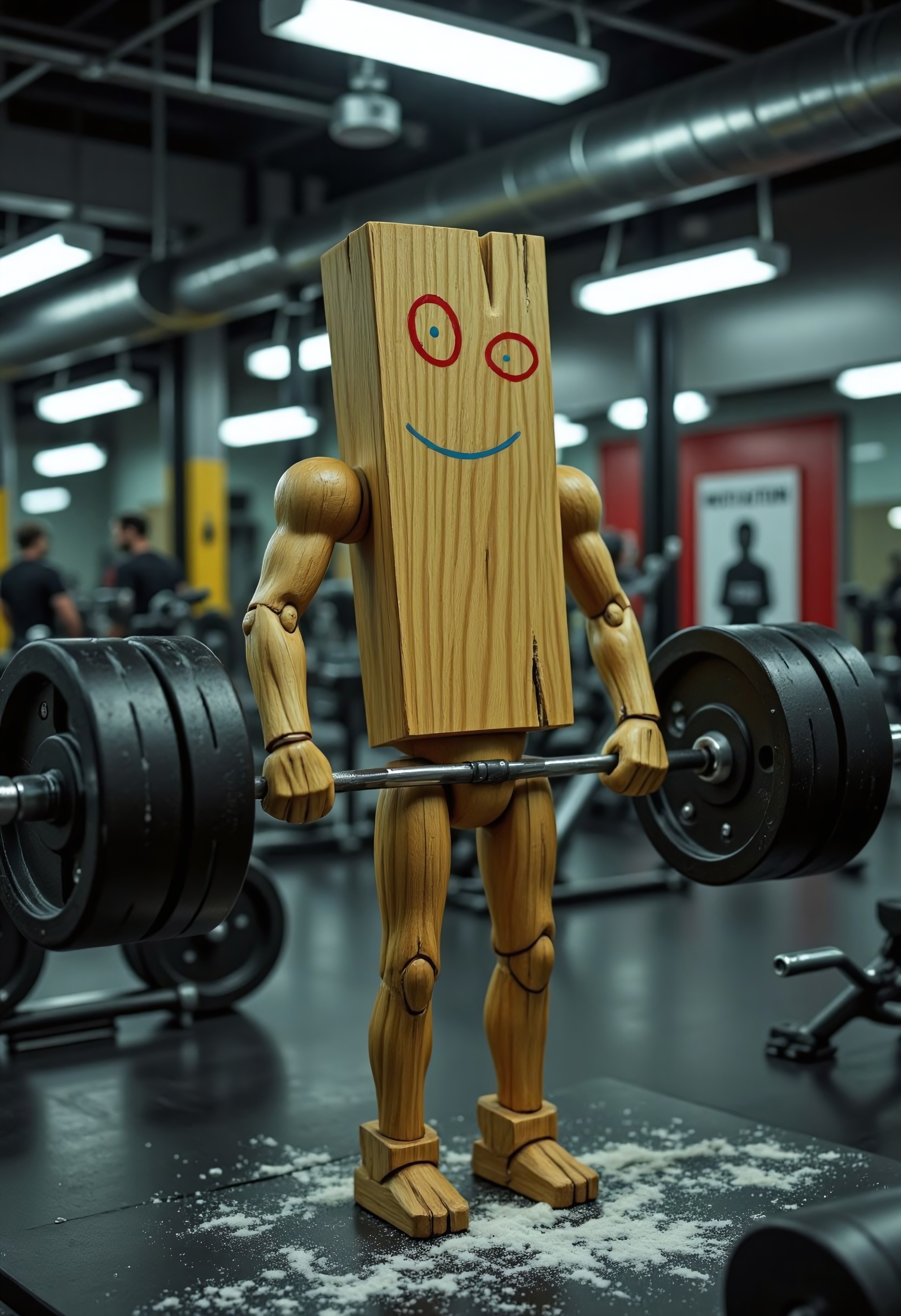 a photorealistic and hilariously absurd image of Plank from Ed, Edd n Eddy in a gritty, high-end gym. His wooden body is hyper-detailed, with realistic wood grain and texture, now sporting massive, hyper-veiny, roided-out arms with exaggerated muscle definition. He’s lifting an impossibly heavy barbell loaded with photorealistic, oversized weights, the metal gleaming under the gym’s harsh fluorescent lights. Sweat beads drip from his wooden 'brow,' and his usual blank expression is replaced with a determined, almost comically intense look. The gym is empty except for Plank, with dramatic lighting highlighting his absurd physique, chalk dust floating in the air, and a 'MOTIVATION' poster slightly blurred in the background