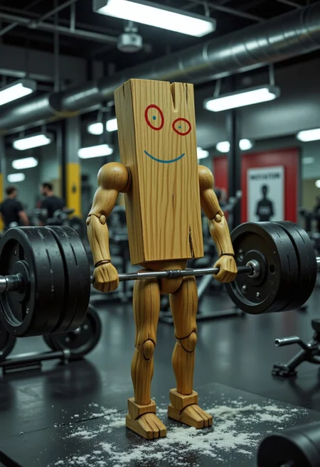 a photorealistic and hilariously absurd image of Plank from Ed, Edd n Eddy in a gritty, high-end gym. His wooden body is hyper-detailed, with realistic wood grain and texture, now sporting massive, hyper-veiny, roided-out arms with exaggerated muscle definition. He’s lifting an impossibly heavy barbell loaded with photorealistic, oversized weights, the metal gleaming under the gym’s harsh fluorescent lights. Sweat beads drip from his wooden 'brow,' and his usual blank expression is replaced with a determined, almost comically intense look. The gym is empty except for Plank, with dramatic lighting highlighting his absurd physique, chalk dust floating in the air, and a 'MOTIVATION' poster slightly blurred in the background