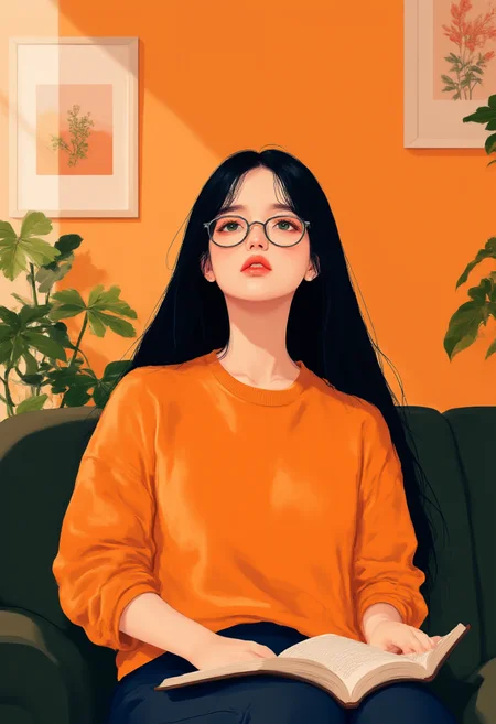 Digital illustration of a young woman with long, dark hair, wearing glasses and an orange shirt. She is sitting on a couch with a book in her lap, looking upwards with a contemplative expression. The background features a warm orange color, indoor plants, and framed artwork on the wall. The style is clean and modern with flat colors and smooth lines, incorporating soft shading to add depth. The overall mood is cozy and thoughtful, with a focus on the contrast between the warm orange tones and the calming green of the plants.